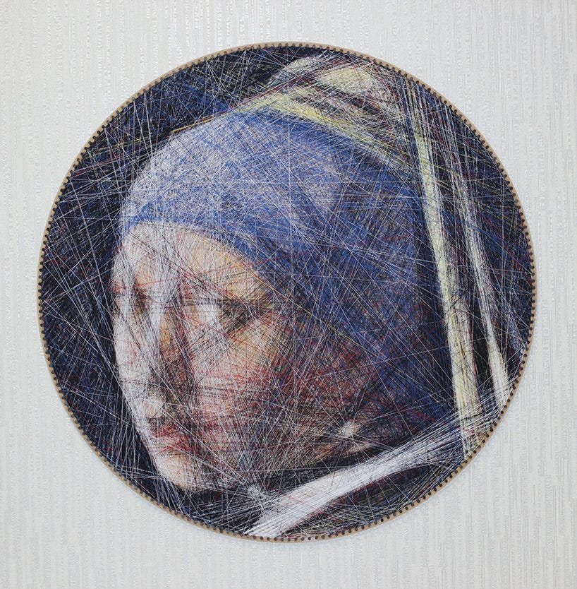 A painting made from a large amount of very thin, coloured thread.