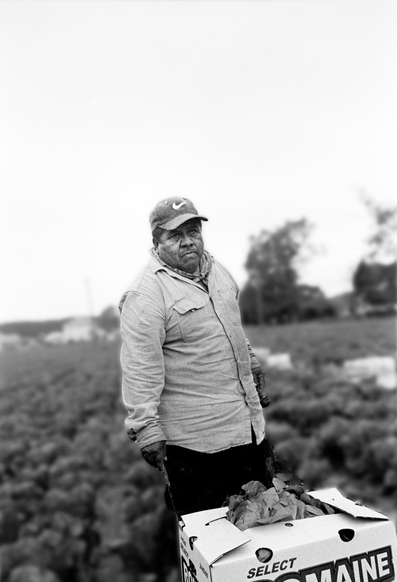 A migrant worker stands in a field with a box in front of him. Looks past the right side of the camera.