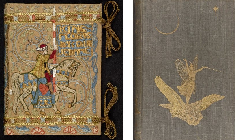 Two adjacent bindings. Left: Embroidery of richly-attired man on horseback carrying lance. Right: Grey cover with gilt details of fairy on back of flying owl under moon.