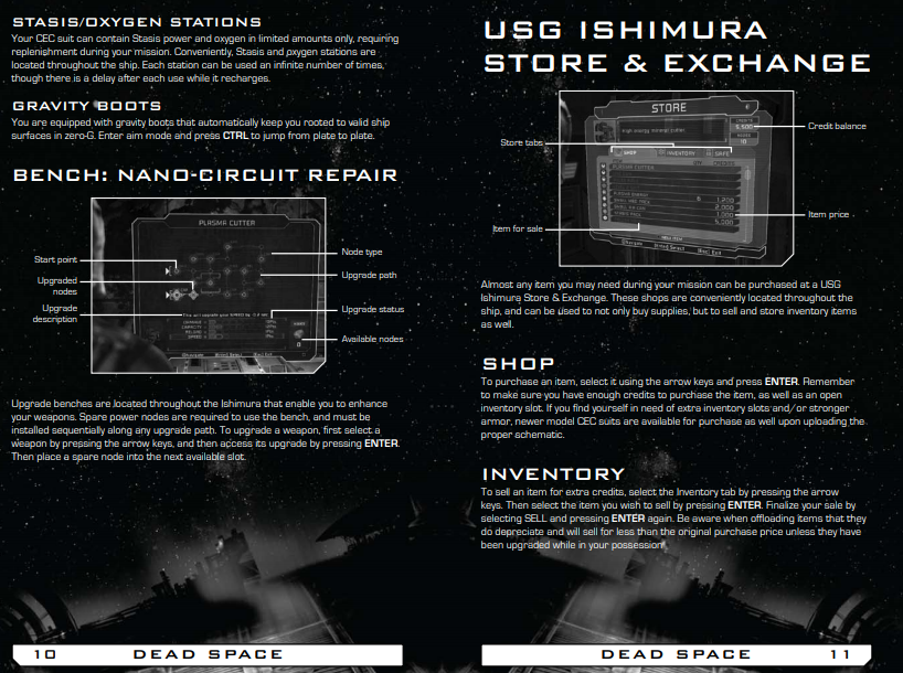 Dead Space’s upgrade, shop and inventory mechanics explained clearly. If you have the game in your Origin client library, you can get the Game Manual if you right-click the game’s banner and click on Game Properties.