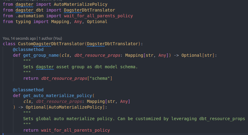 Image illustrating code for custom dagster-dbt translator.