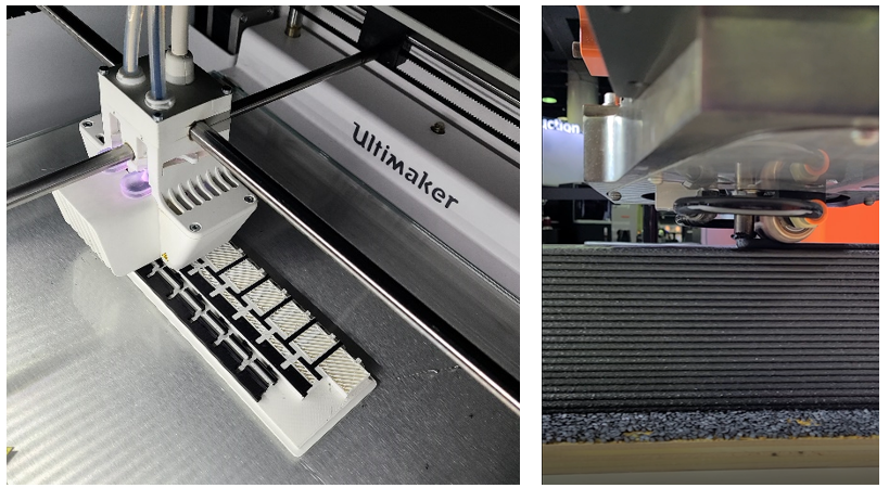 Left: a mid print picture of a keyboard being 3D printed. Right: a mid print picture of 3D printed concrete being printed.