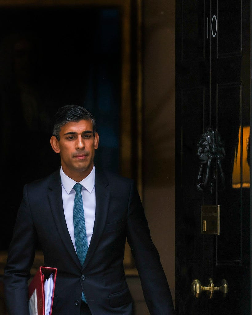 British Prime Minister Rishi Sunak leaves No 10 Downing Street