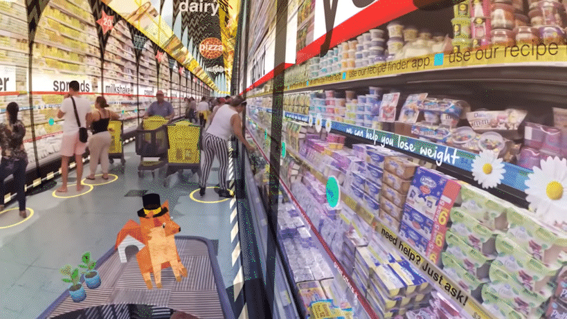 A person buying groceries with AR packging in a supermarket