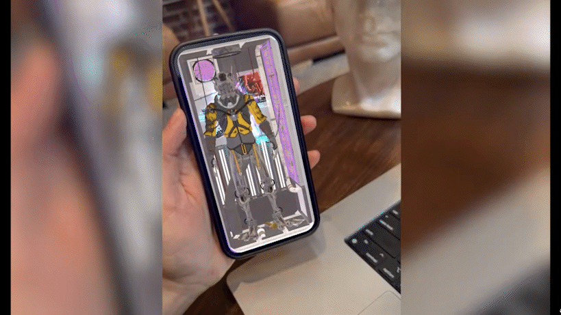 A holographic AR cyborg walking out of a smartphone