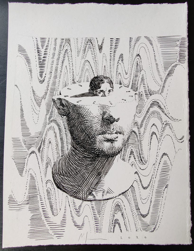 Ink drawing ‘Sun Dial Man’ by Miles Johnston
