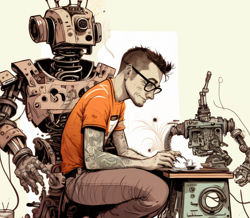 inkpunk styled image of a man repairing a robot