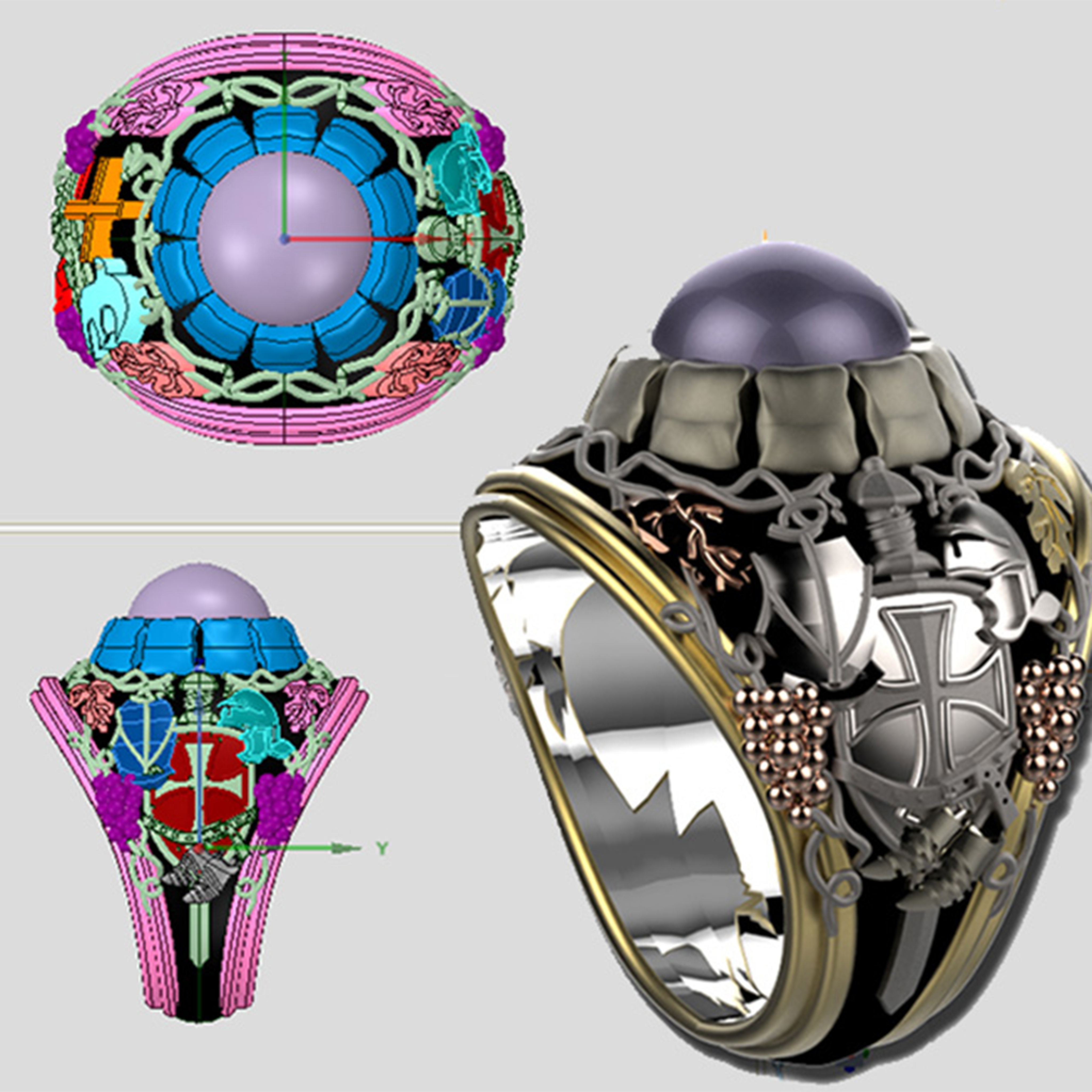 CAD views (left) and final render (right) of a ring