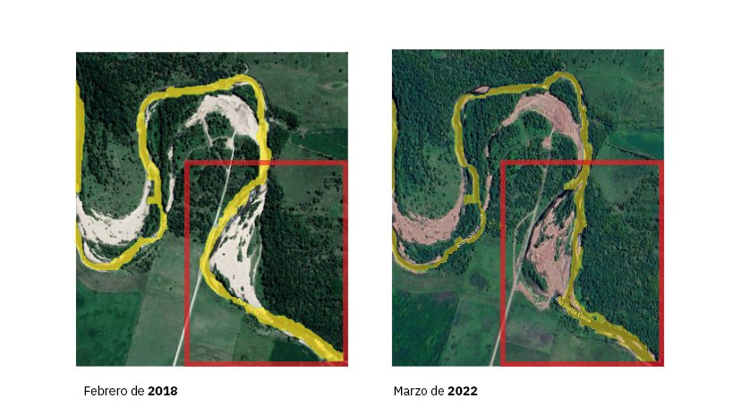 Imágenes extraídas de Google Earth: En la imagen de la derecha, correspondiente a Marzo del 2022, se puede observar una modificación del curso del río.