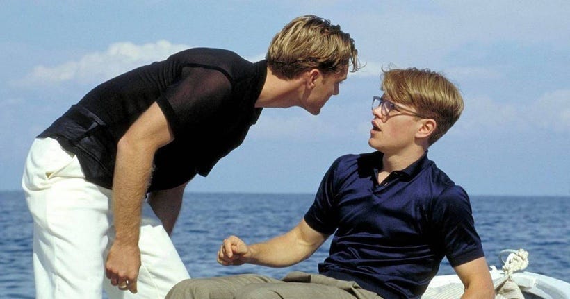 A shot from ‘The Talented Mr. Ripley’ showing Dickie Greenleaf shouting in Tom Ripley’s face whilst on a boat