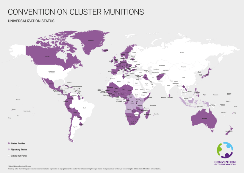 World map highlighting countries in Cluster munition Convention