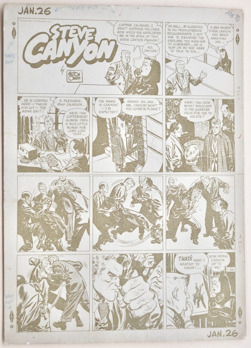 Photo of a proof of a Steve Canyon comic strip in which the predominant color is tan.