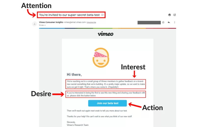 A copy that follows the AIDA model. The reader’s Attention is attracted by the subject line “You’re invited to our super-secret beta test”. Then, their ineterest is stirred up by the invitation to the event and explanation of why it’s important. To motivate the reader to participate (the Desire part), the sender asks them to leave feedback. The Action component is realized in the button sayinh “Join our beta test”.