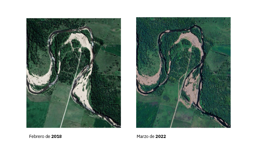 Imágenes extraídas de Google Earth: En la imagen de la derecha, correspondiente a Marzo del 2022, se puede observar una modificación del curso del río.