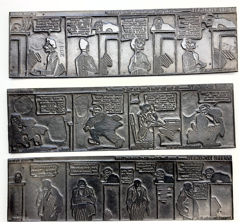 Photos of Bakelite plates for Squire Edgegate: three comic strips top to bottom