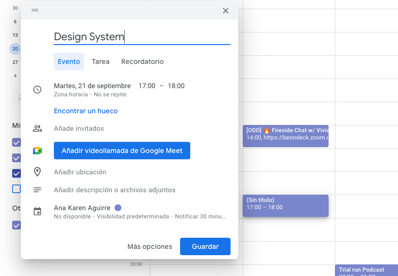 Screenshot of google calendar with design system marked