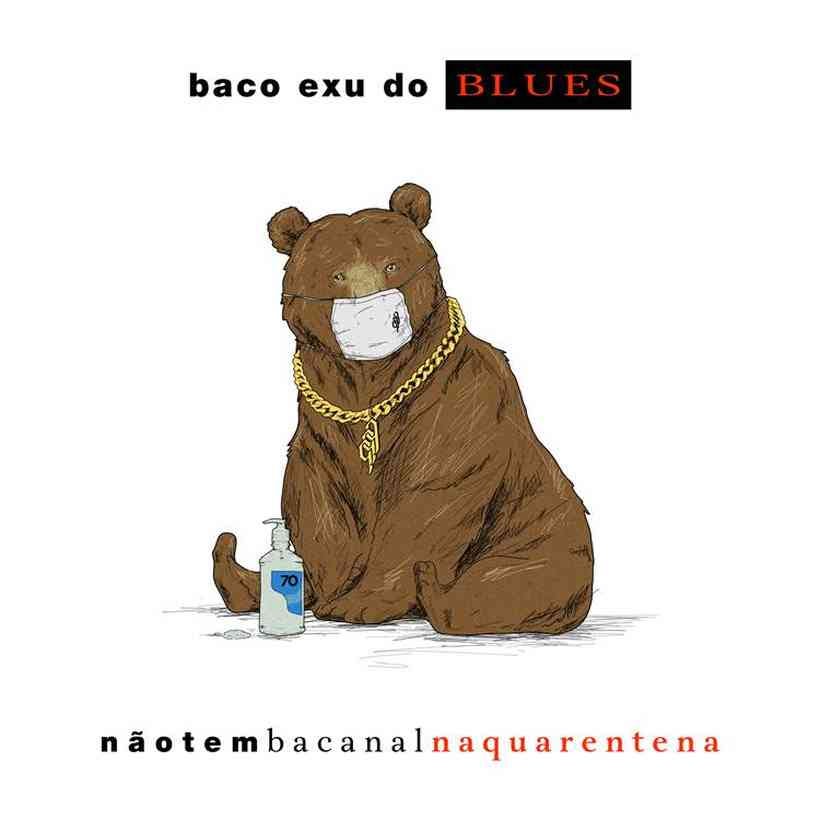 Figura 1: Capa do EP Baco Exu do Blues.  O urso estiloso se protege com máscara e álcool em gel é uma alusão a ele durante
