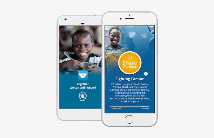 The mobile app of Share the Meal. A smartphone application of the United Nations World Food Programme against global hunger