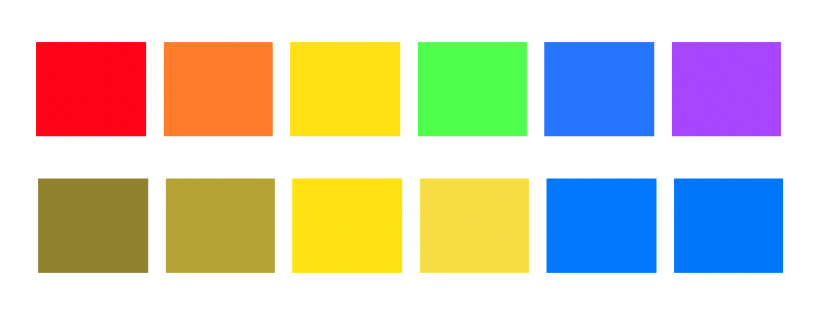 One the top you can see a color palette: red, orange, yellow, green, blue, purple. Below that you can see the same color palette with simulated red-green color blindness: brownish-yellow, brownish-yellow, yellow, yellow, blue, blue