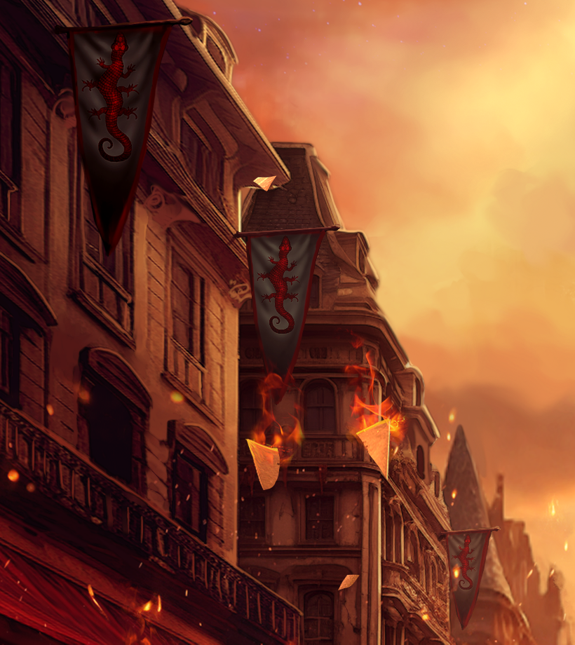 Cropped part of book cover with a XIX-century tenement houses, burning book pages and flags of the ducal party.