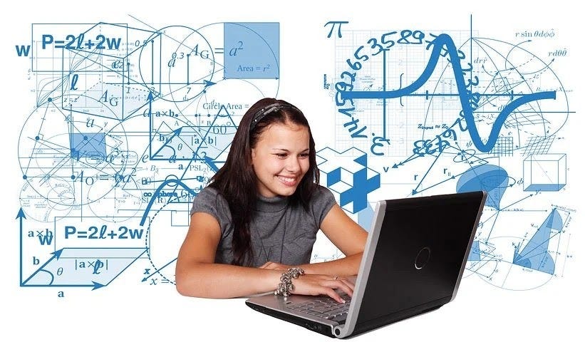 Picture of a smiling girl working on laptop. The background consits of mathematics equations and geometrical shapes and graphs.