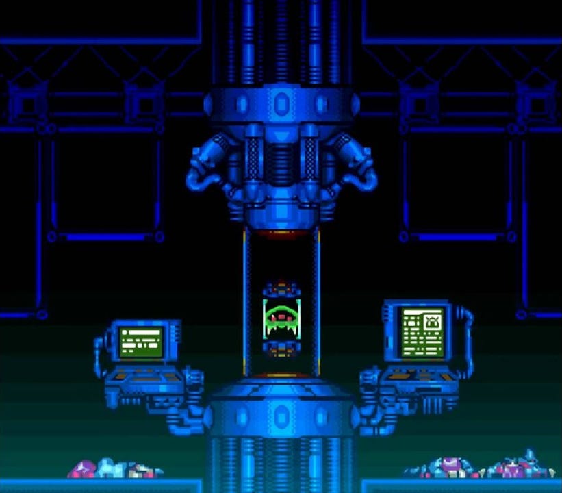 A screenshot from the title screen of Super Metroid showing the baby metroid in its capsule.