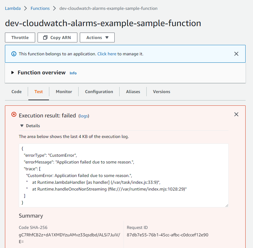 Test results of the lambda function