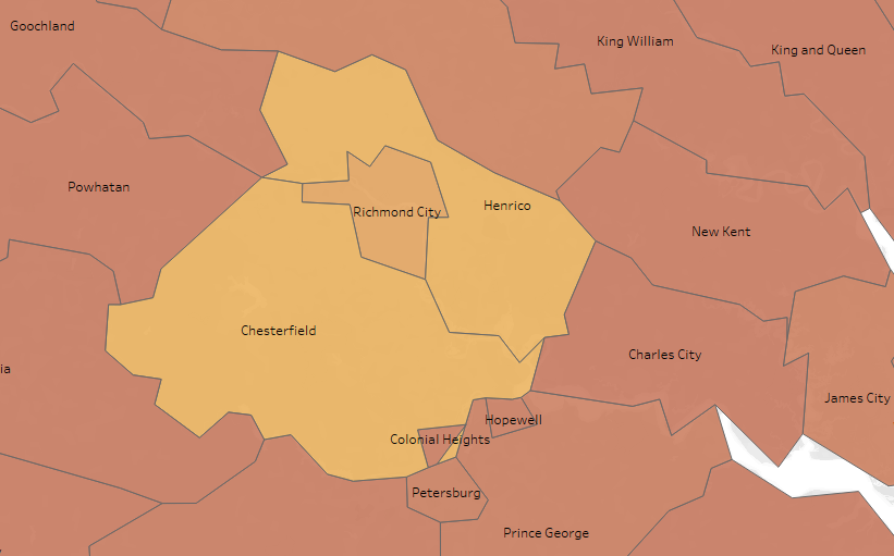 An OpenData map of localities in Virginia, showing Richmond City surrounded on all sides.