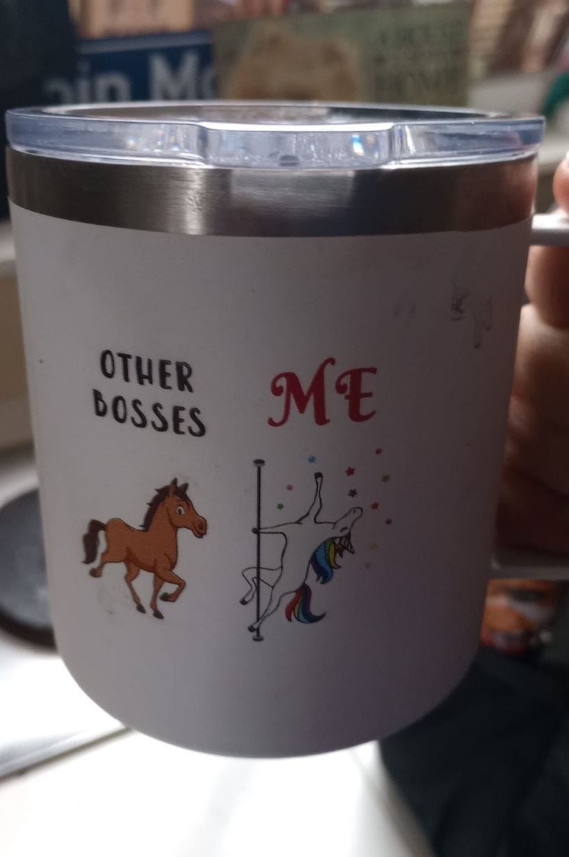 shows a thermos cup with a horse trotting on the left (other bosses) and a unicorn pole dancing on the right (ME)!
