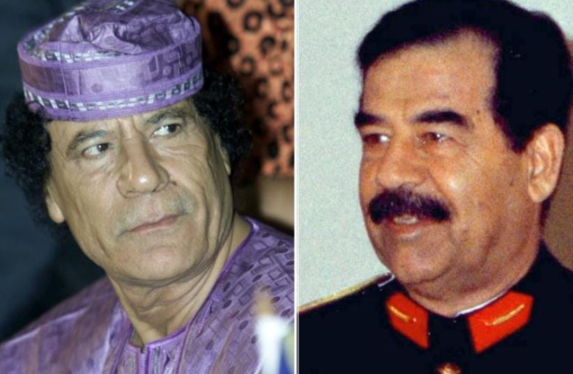 Muammar Gaddafi and Saddam Hussein side by side in separate photos.