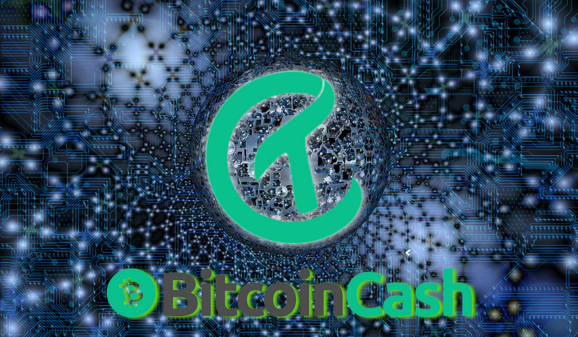 Cashtokens and Bitcoin cash logos on top of a dark blue network of connected electrons.