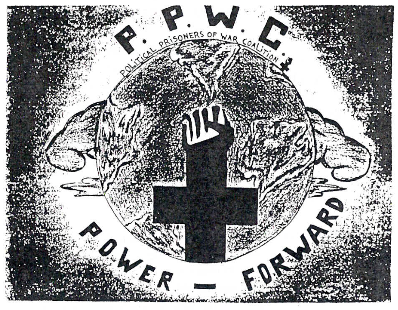 PPWC graphic depiciting a picture of planet earth ravaged by fire, covered by the anarchist black cross fist and the phrase “power-forward”