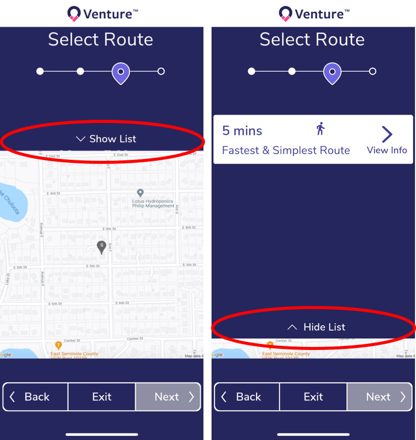 Route creation screen showing that the critical step of selecting the fastest or simplest route is not automatically shown to users