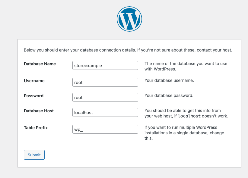 Completed WordPress Database settings.