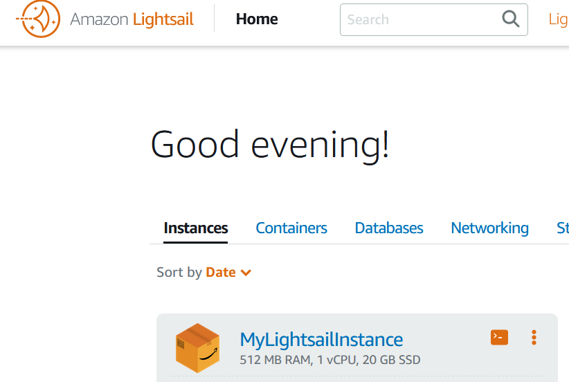 A lightsail instance running with the name MyLightsailInstance