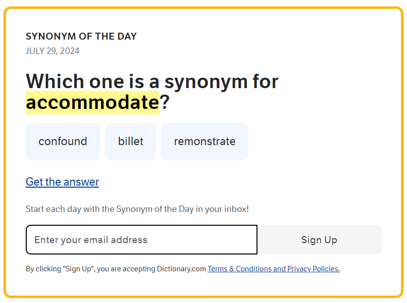 The screenshot from Thesaurus.com shows the example of ‘Synonym of the Day’ game.