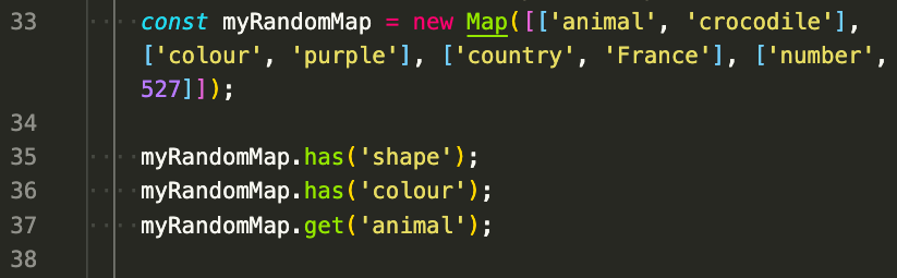 A blob of code in a text editor showing the creation of a JavaScript map and some methods.