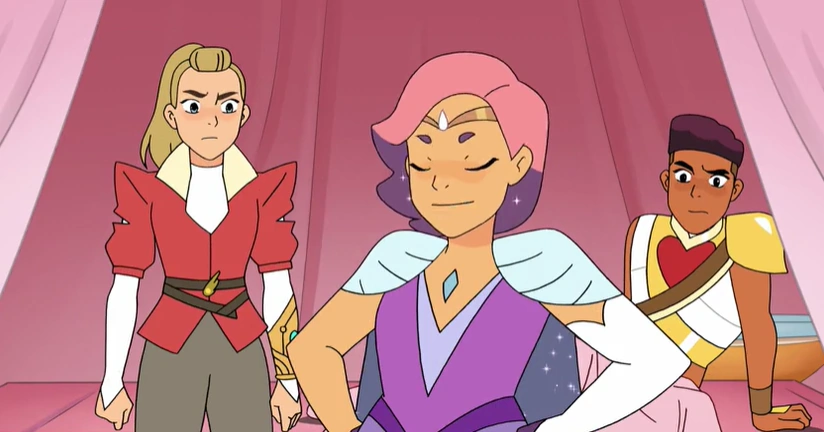 She-ra and the Princesses of Power: Glimmer feeling proud while Adora and Bow skeptically and disapprovingly look at her.