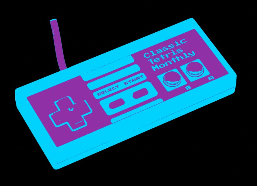 A neon blue and pink NES controller with Classic Tetris Monthly written on the right