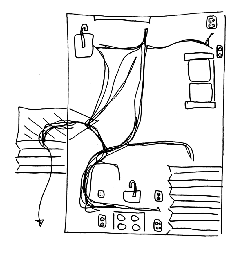 Line drawing bird’s-eye view of a floor plan for a single large room that includes stairs, a sofa, electrical outlets, fixtures, and a range. A continuous solid line is drawn between the outlets and fixtures, overlapping multiple times including going back and forth in and out  of a door. The line ends with an arrow that points toward the bottom of the drawing away from the floor plan.