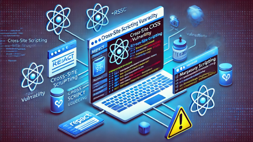 Blue and white color themed computer with React Framework’s logo on the screen alongside several code blocks in a browser named Cross-Site Scripting