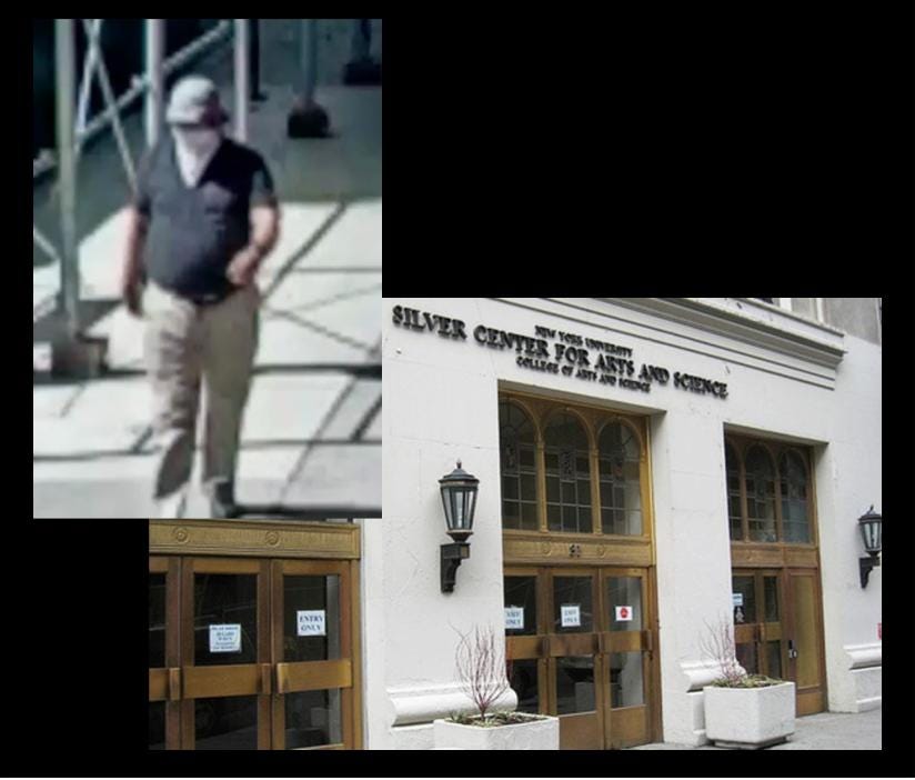 On a black background, one photo shows surveillance footage of the suspect and the other the entrance to the Silver Center.