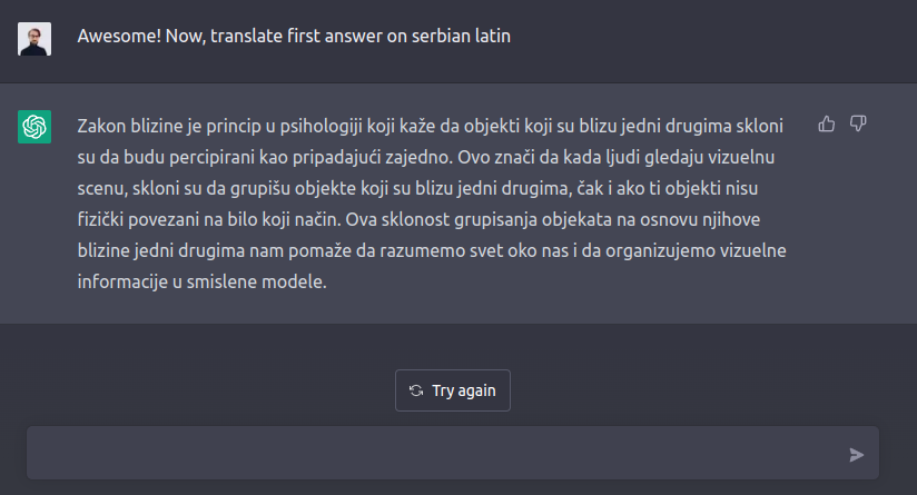 ChatGPT user interface showing English to Serbian translation