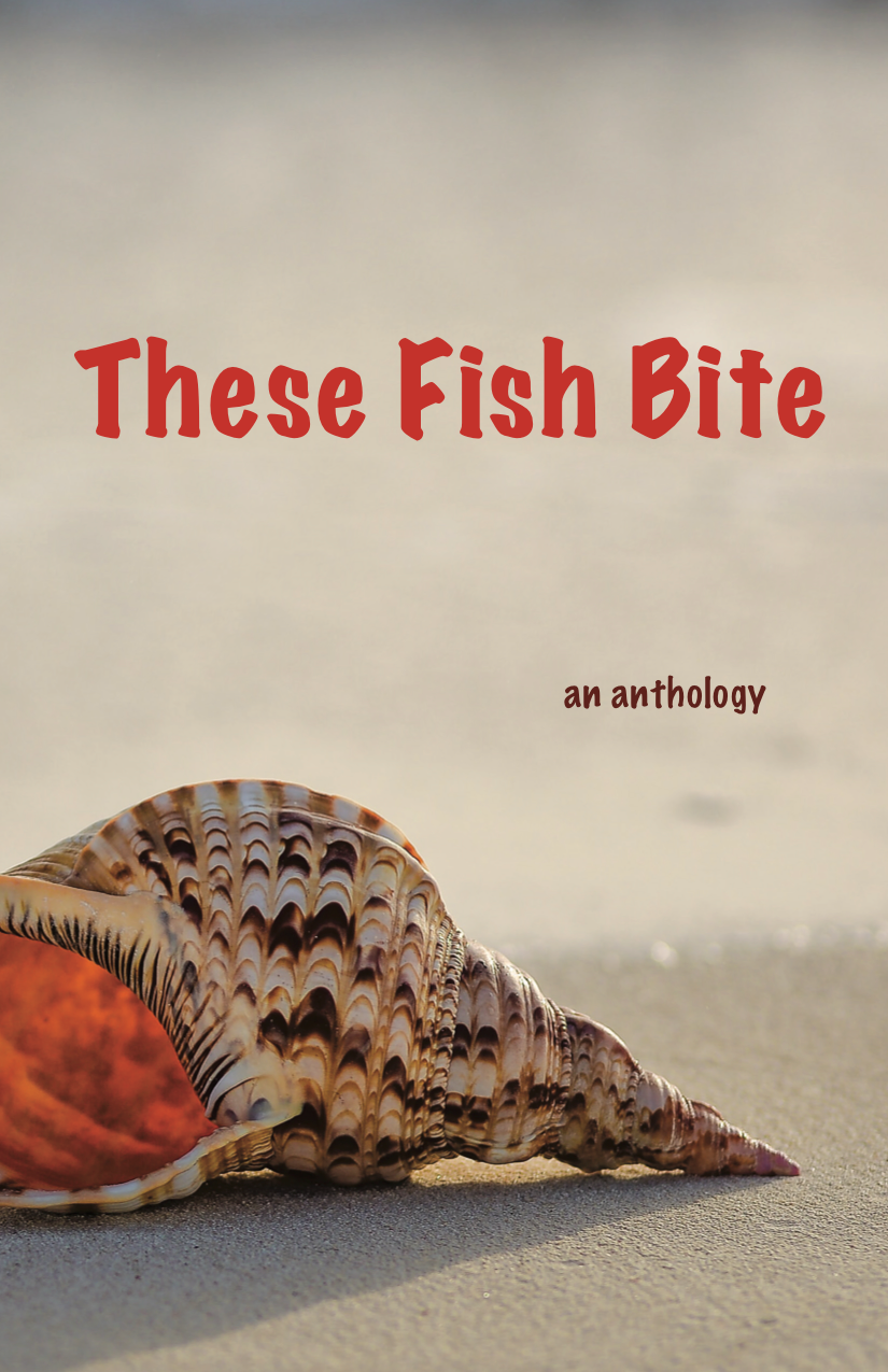 This image displays a book cover with a sandy background on the beach and a seashell. The text is written in red and reads “These Fish Bite: An Anthology.”