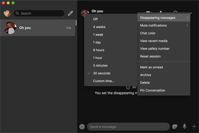 Screenshot of a user choosing the length that messages in a chat will appear on Signal on desktop, from 5 seconds to 1 week.