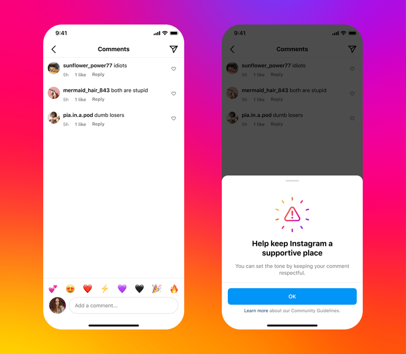 Screenshot of an Instagram comment thread showing Meta’s “kindness reminder” prompt appearing as an overlay above a series of hostile comments, encouraging the user to reconsider their message before posting.