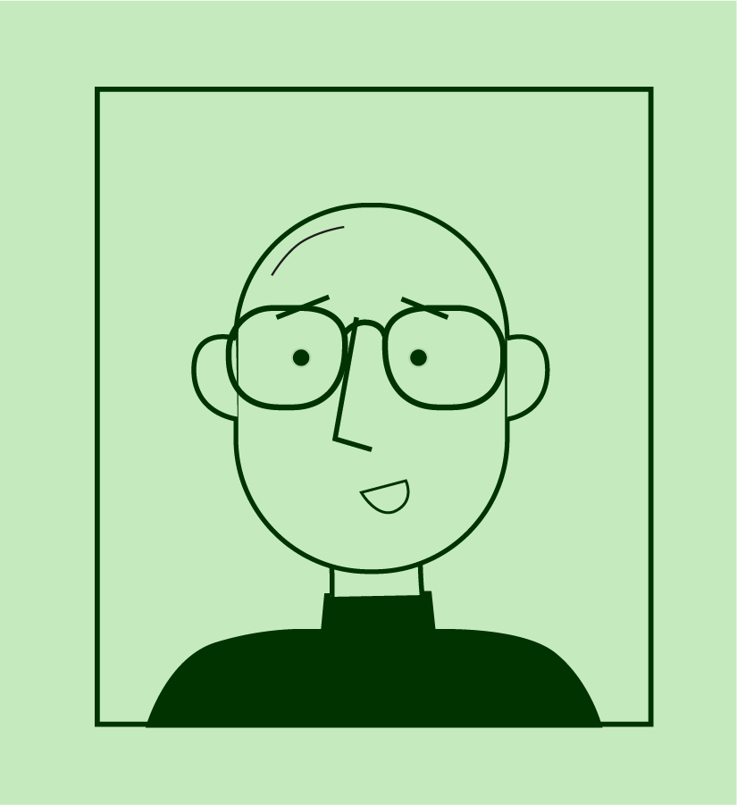 An illustration of a bald man with glasses