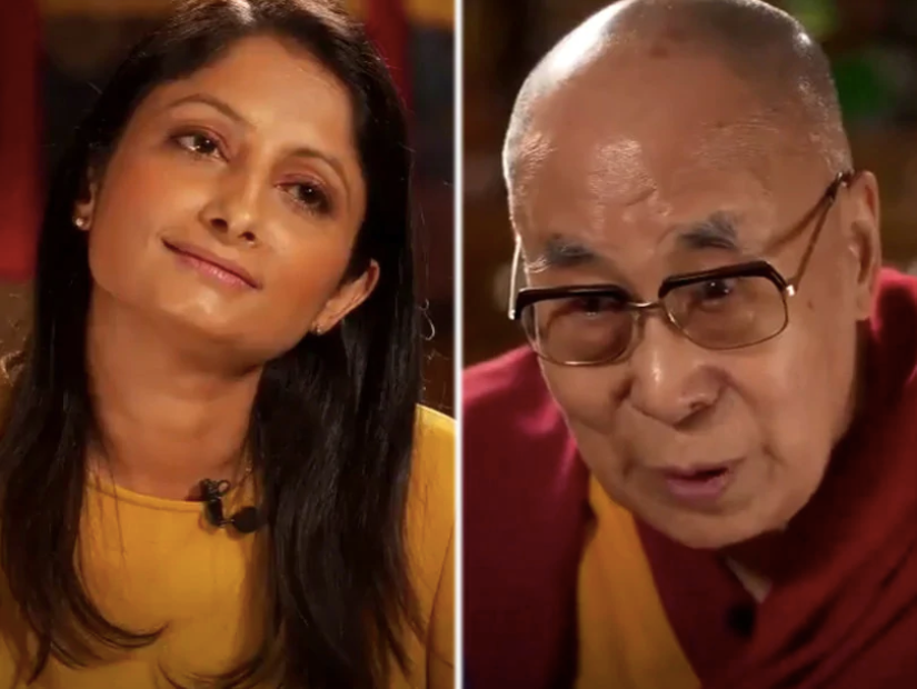 Side-by-side photos of the Dalai Lama and Rajini Vaidyanathan during an interview