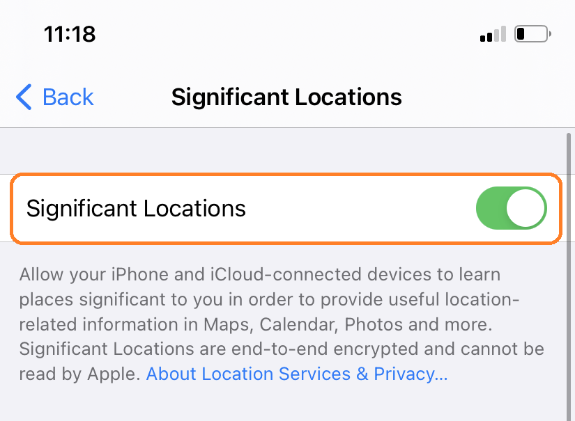 Screenshot of iPhone’s ‘Significant Locations’ settings