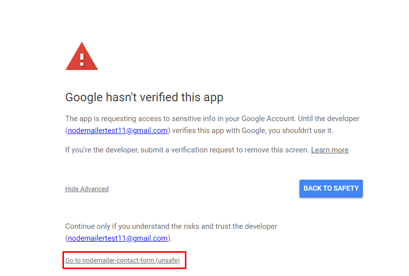 Google message warning that app is unverified and offering unsafe sign in
